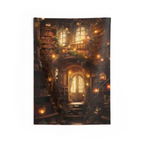 Fantasy Library with Lanterns Wall Tapestry