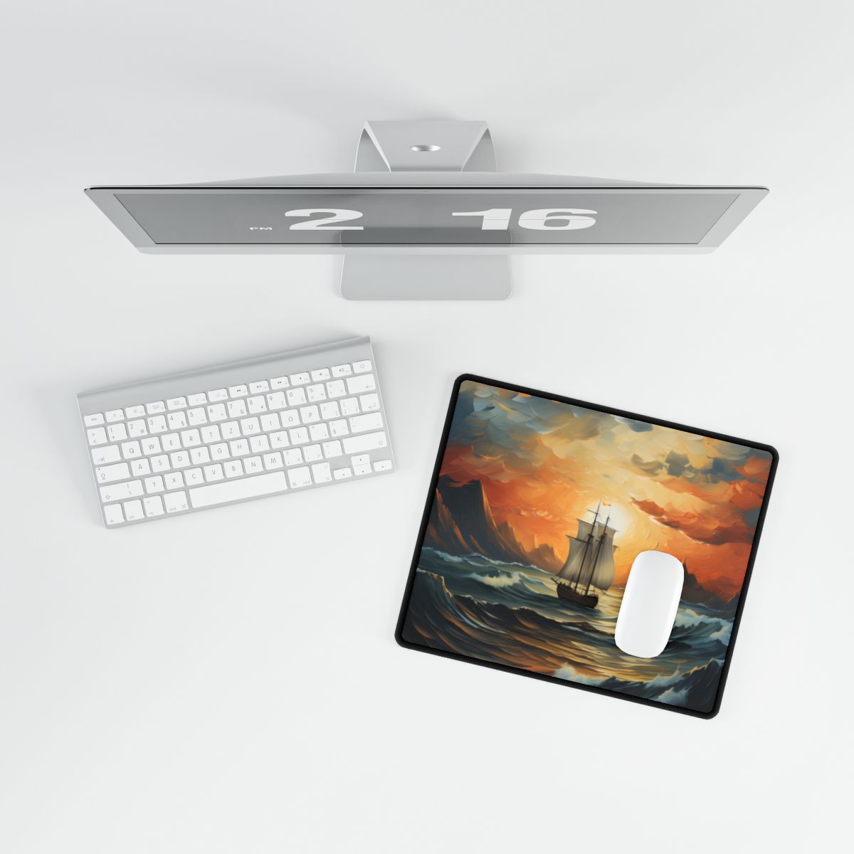 Magnificent Ship Amidst Tempest: Oil Painting Masterpiece - Desk Mat