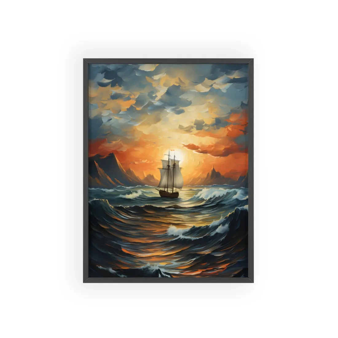 Magnificent Ship Amidst Tempest: Oil Painting Masterpiece - Framed Poster