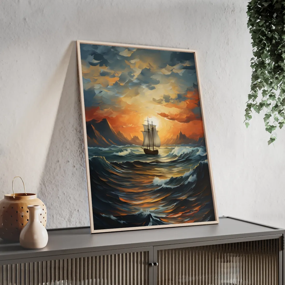 Magnificent Ship Amidst Tempest: Oil Painting Masterpiece - Framed Poster