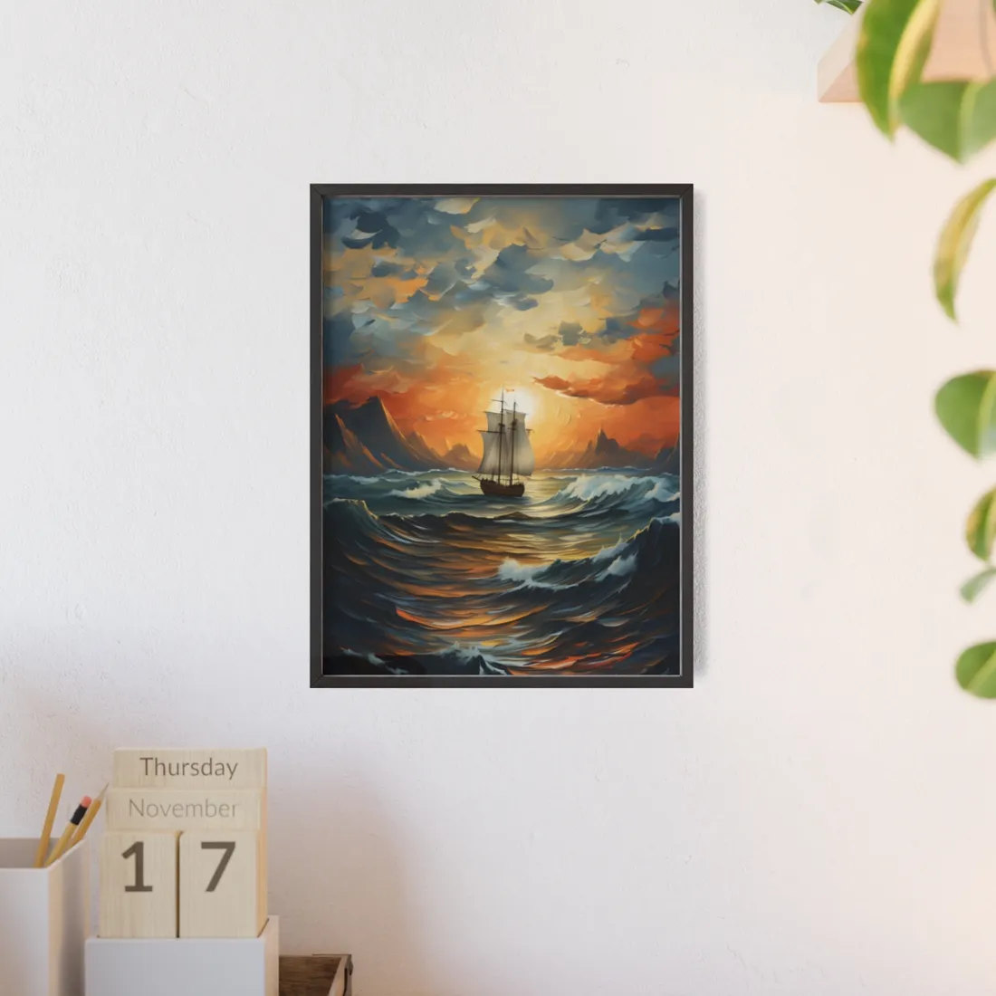 Magnificent Ship Amidst Tempest: Oil Painting Masterpiece - Framed Poster