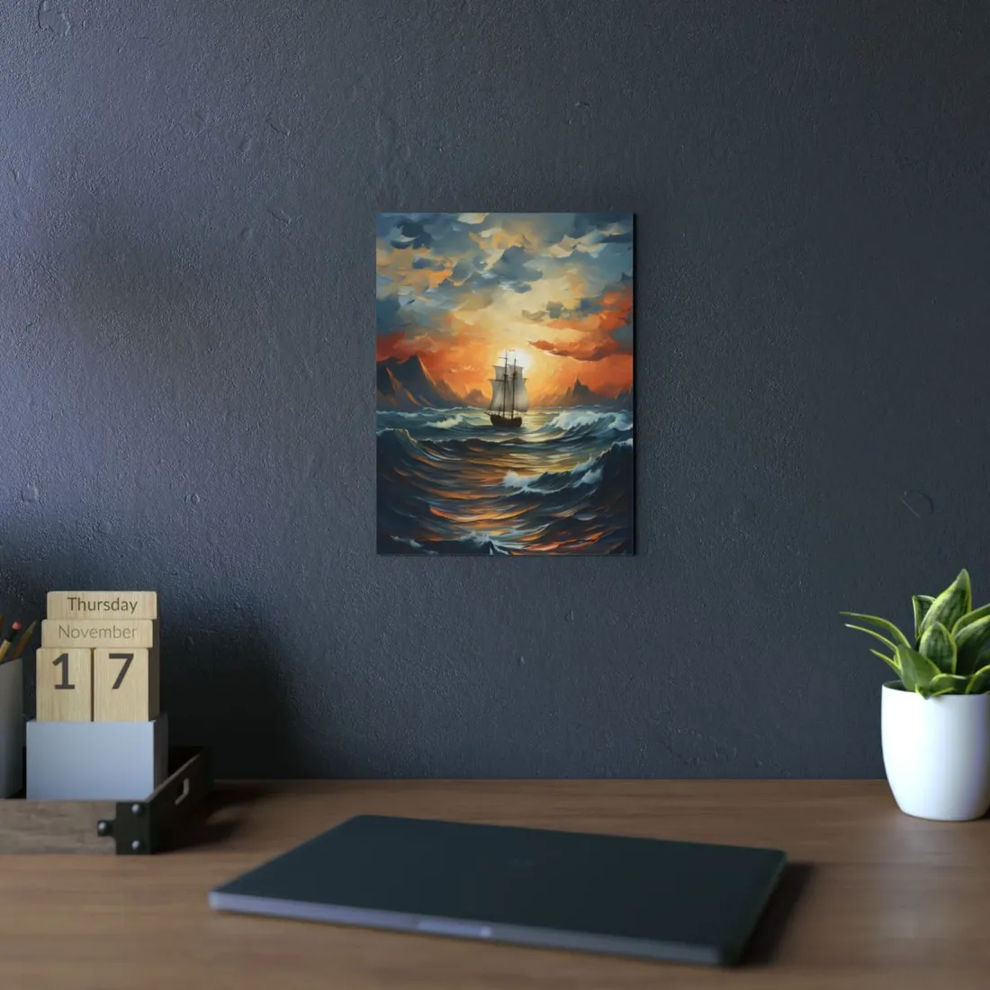 Magnificent Ship Amidst Tempest: Oil Painting Masterpiece - Metal Poster