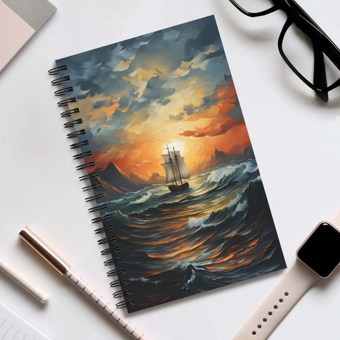 Magnificent Ship Amidst Tempest: Oil Painting Masterpiece - Spiral Notebook
