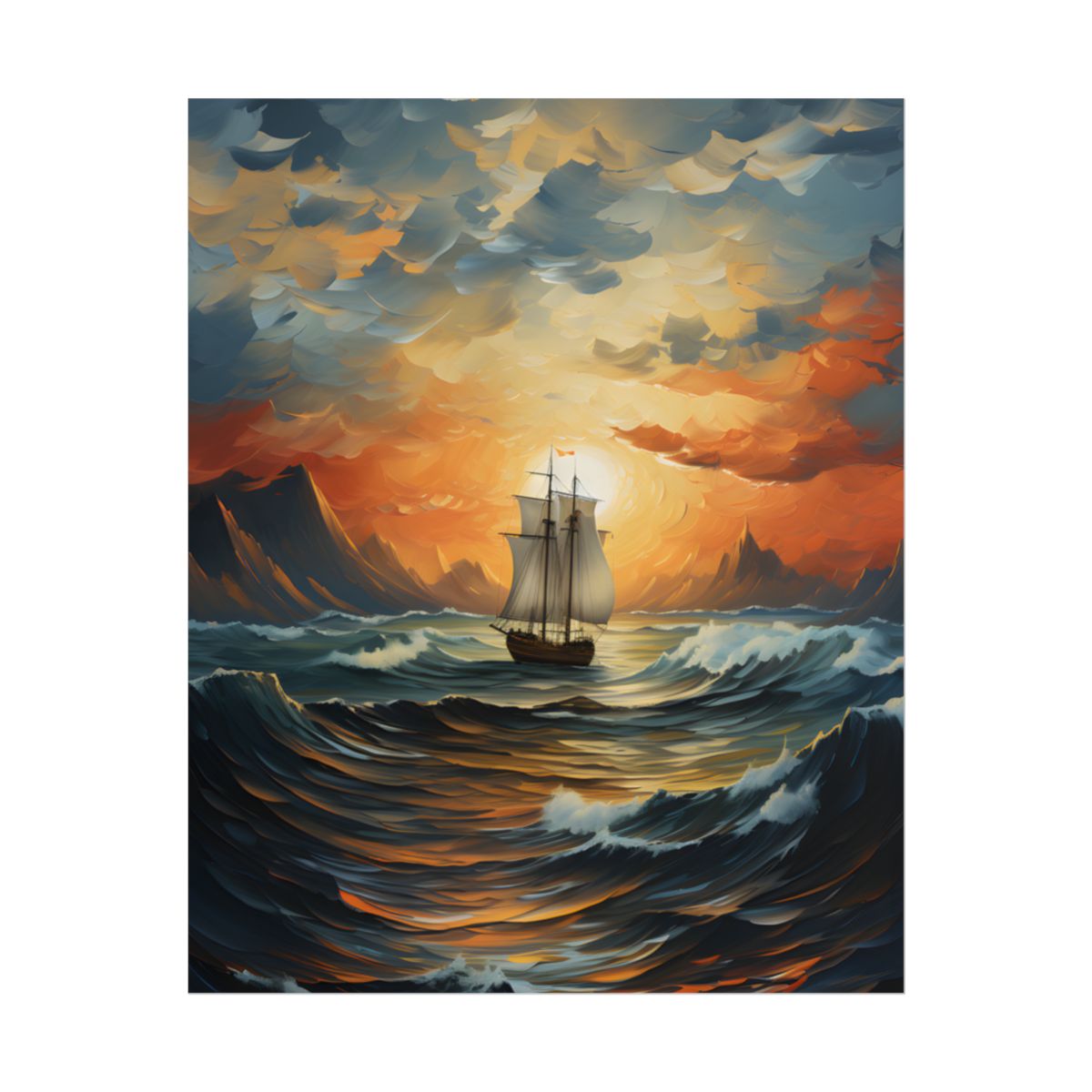 Magnificent Ship Amidst Tempest: Oil Painting Masterpiece - Poster