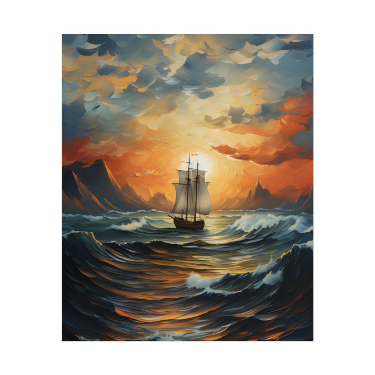 Magnificent Ship Amidst Tempest: Oil Painting Masterpiece - Poster