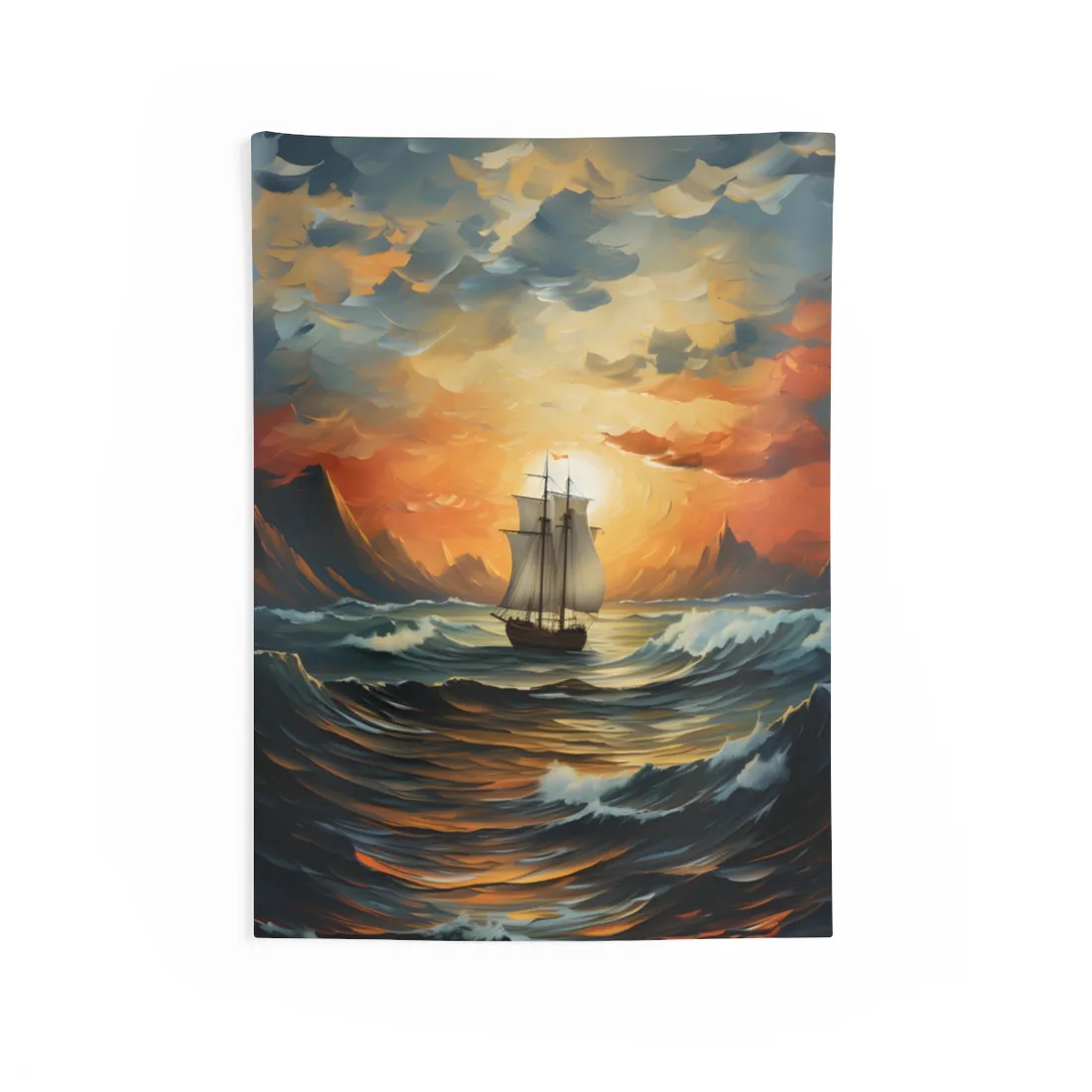 Magnificent Ship Amidst Tempest: Oil Painting Masterpiece - Wall Tapestry