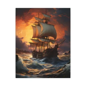 Sailing Ship at Sunset Cream Sails Canvas Print