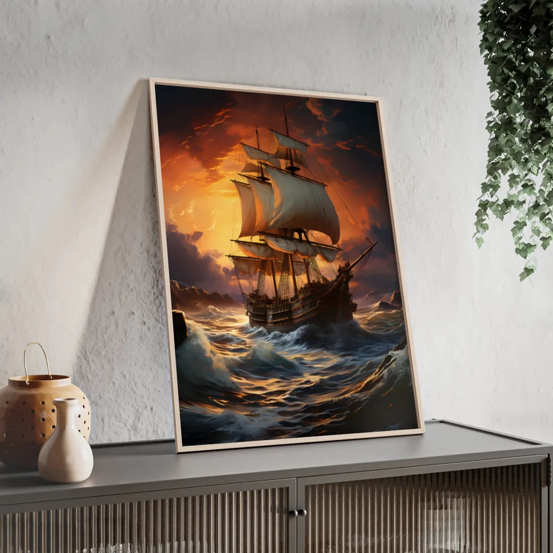 Magnificent Ship in Tempest: Oil Painting Masterpiece - Framed Poster