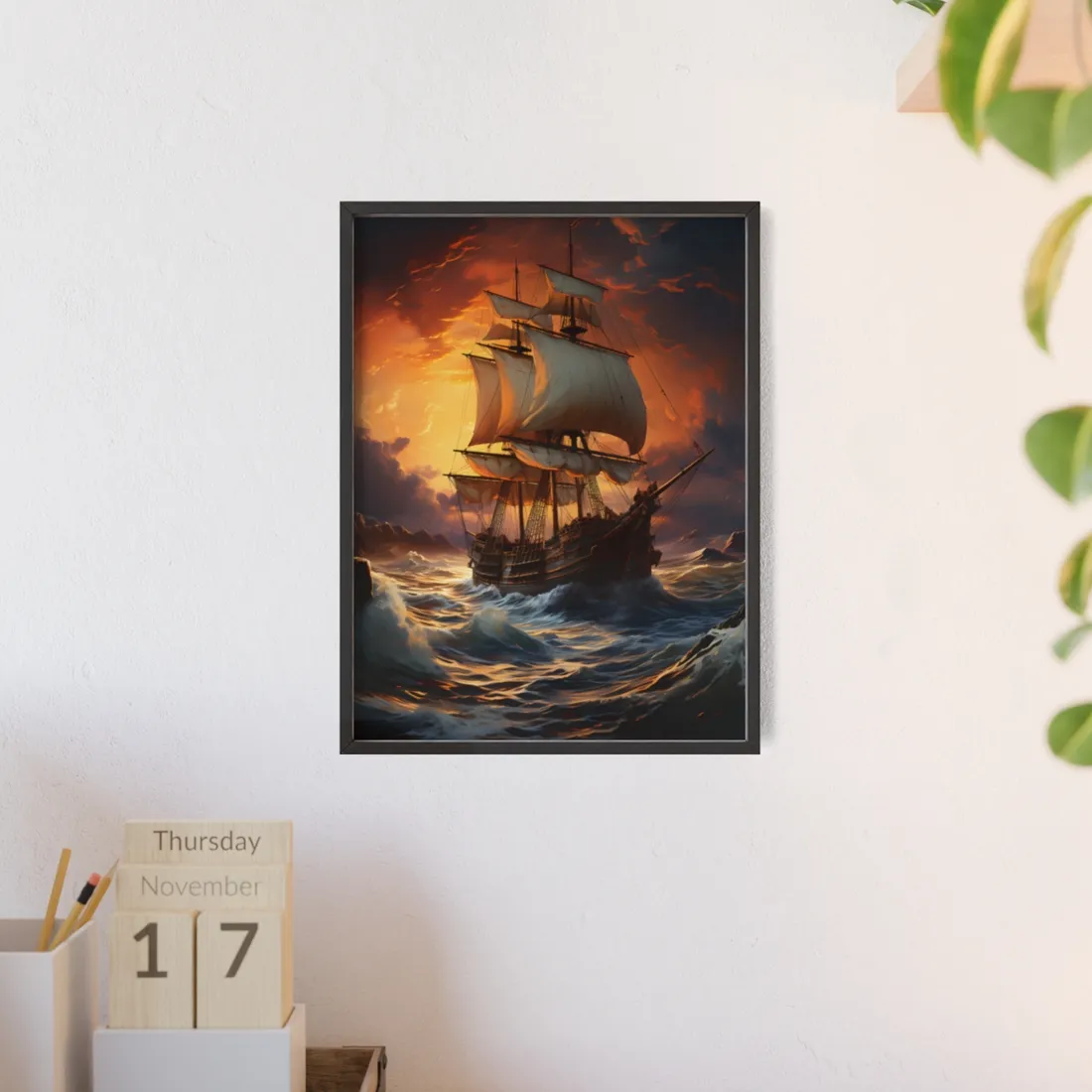 Magnificent Ship in Tempest: Oil Painting Masterpiece - Framed Poster