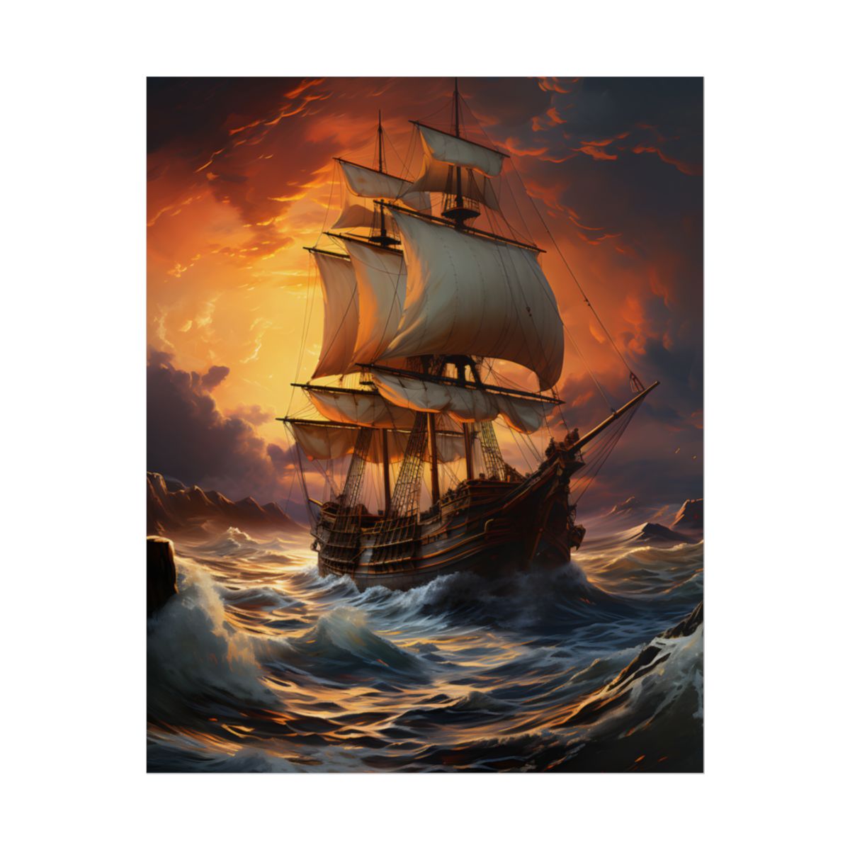 Magnificent Ship in Tempest: Oil Painting Masterpiece - Poster