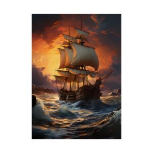 Sailing Ship at Sunset Cream Sails Poster