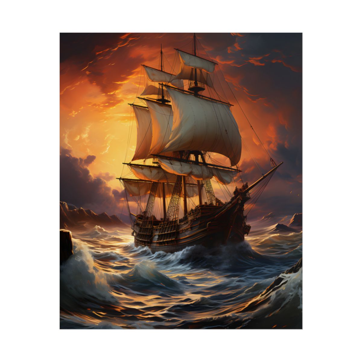 Magnificent Ship in Tempest: Oil Painting Masterpiece - Poster