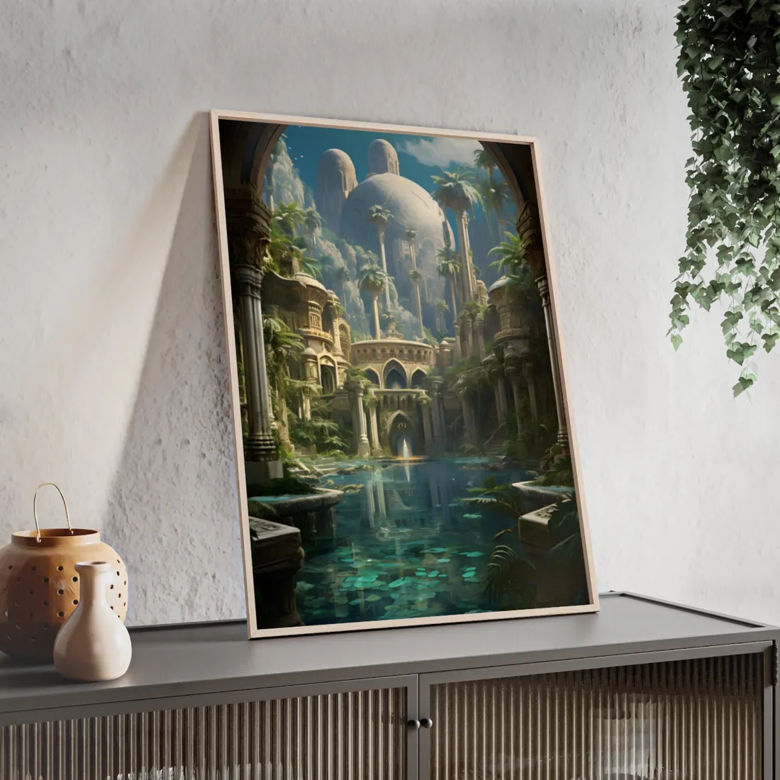 Majestic Desert Oasis: Arabian Nights-Inspired Bird's Eye View - Framed Poster