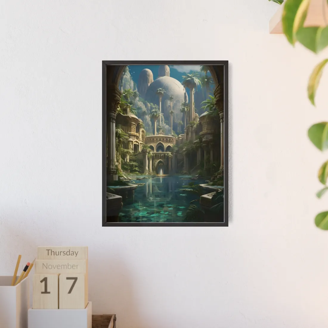 Majestic Desert Oasis: Arabian Nights-Inspired Bird's Eye View - Framed Poster