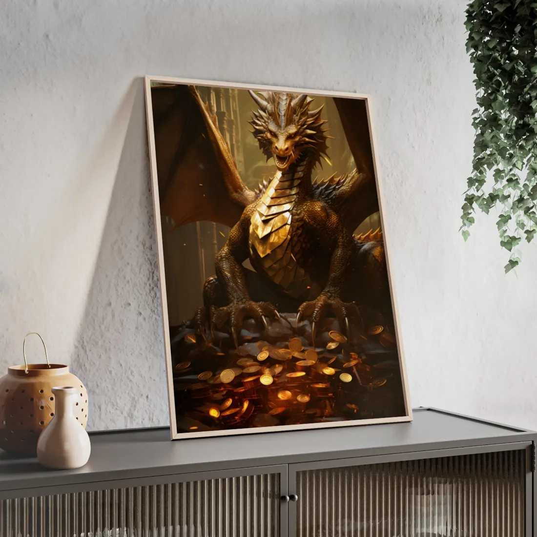 Majestic Dragon Guardian: Fantasy Artwork in a Magical Lair - Framed Poster