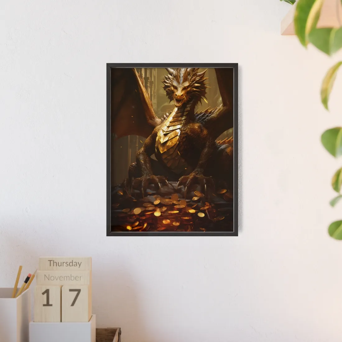 Majestic Dragon Guardian: Fantasy Artwork in a Magical Lair - Framed Poster