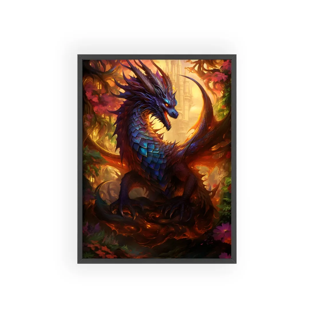 Majestic Dragon Guardian: Fantasy Landscape Art - Framed Poster
