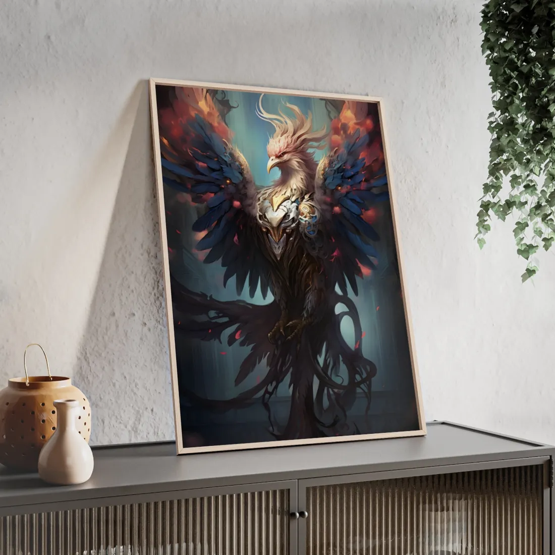 Majestic Songbird in Flight: Grey Feathered Wonder - Framed Poster