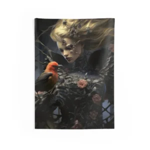 Woman with Red Songbird Wall Tapestry