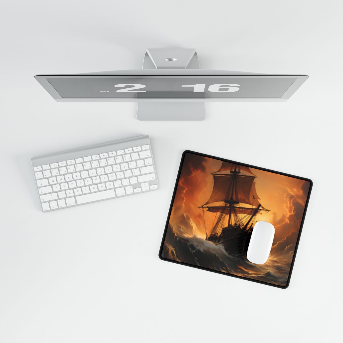 Majestic Storm Ship: Oil Painting Masterpiece - Desk Mat