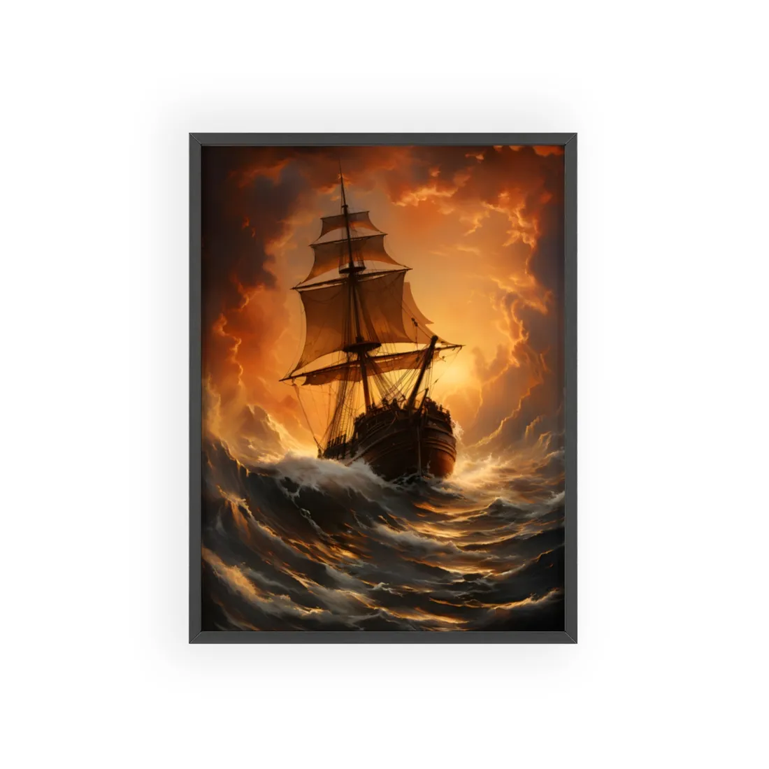 Majestic Storm Ship: Oil Painting Masterpiece - Framed Poster