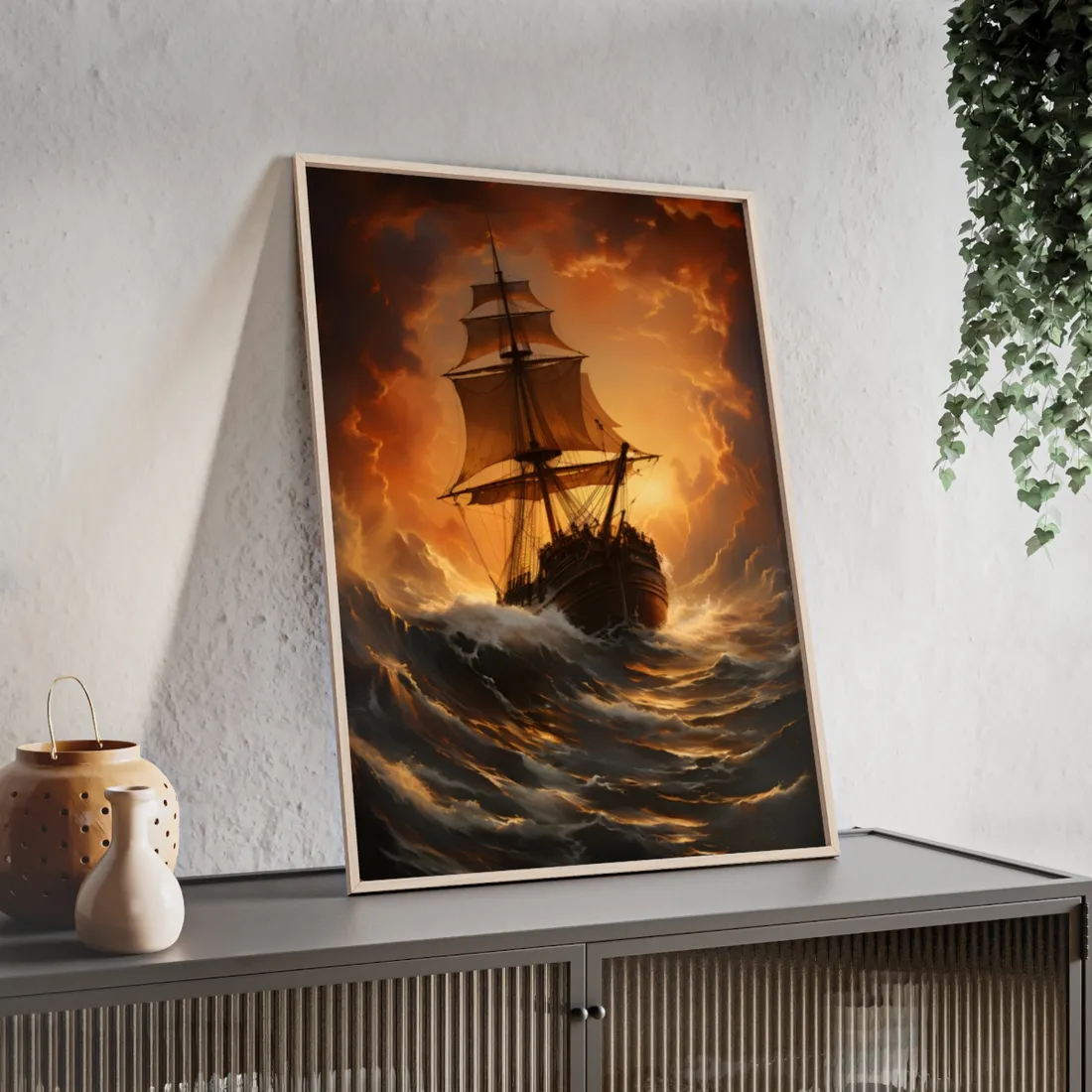 Majestic Storm Ship: Oil Painting Masterpiece - Framed Poster