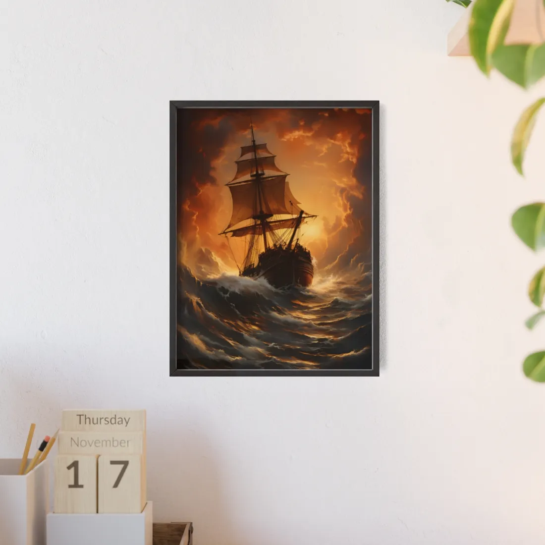 Majestic Storm Ship: Oil Painting Masterpiece - Framed Poster