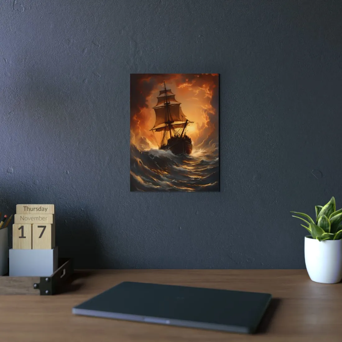 Majestic Storm Ship: Oil Painting Masterpiece - Metal Poster