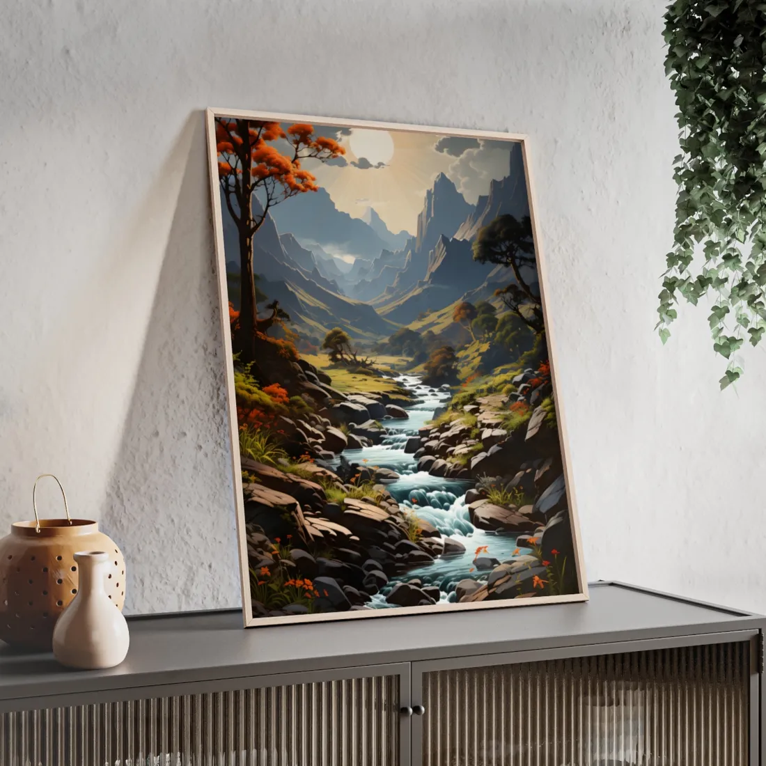 Majestic Waterfall Oil Painting: A Captivating - Framed Poster