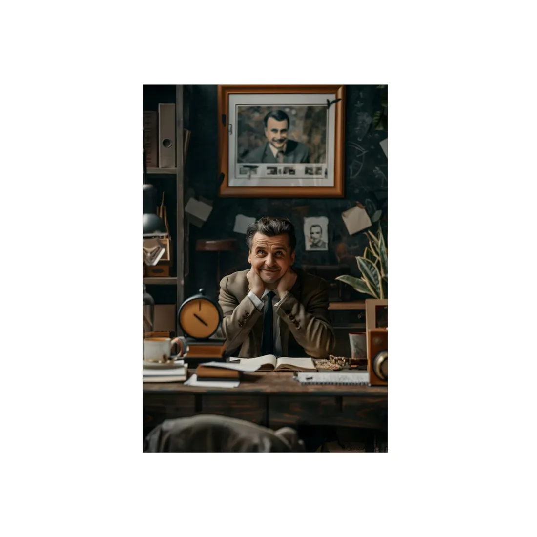 Man at Cluttered Desk: Reflective Office Portrait - Metal Poster
