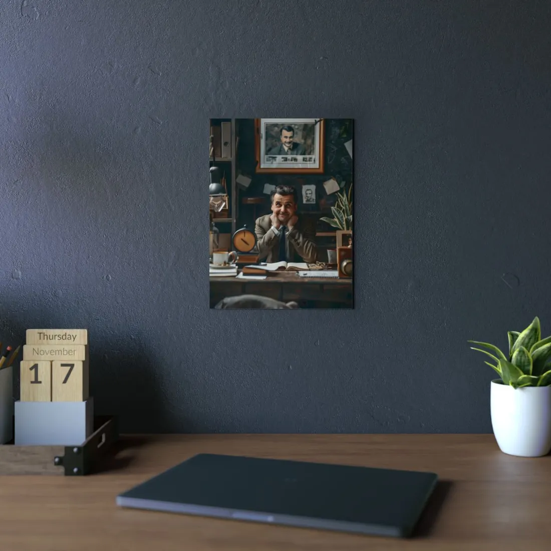 Man at Cluttered Desk: Reflective Office Portrait - Metal Poster