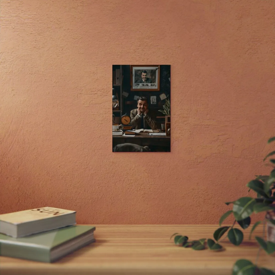Man at Cluttered Desk: Reflective Office Portrait - Metal Poster