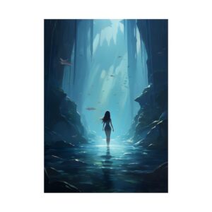 Woman Walking Underwater Cave Poster
