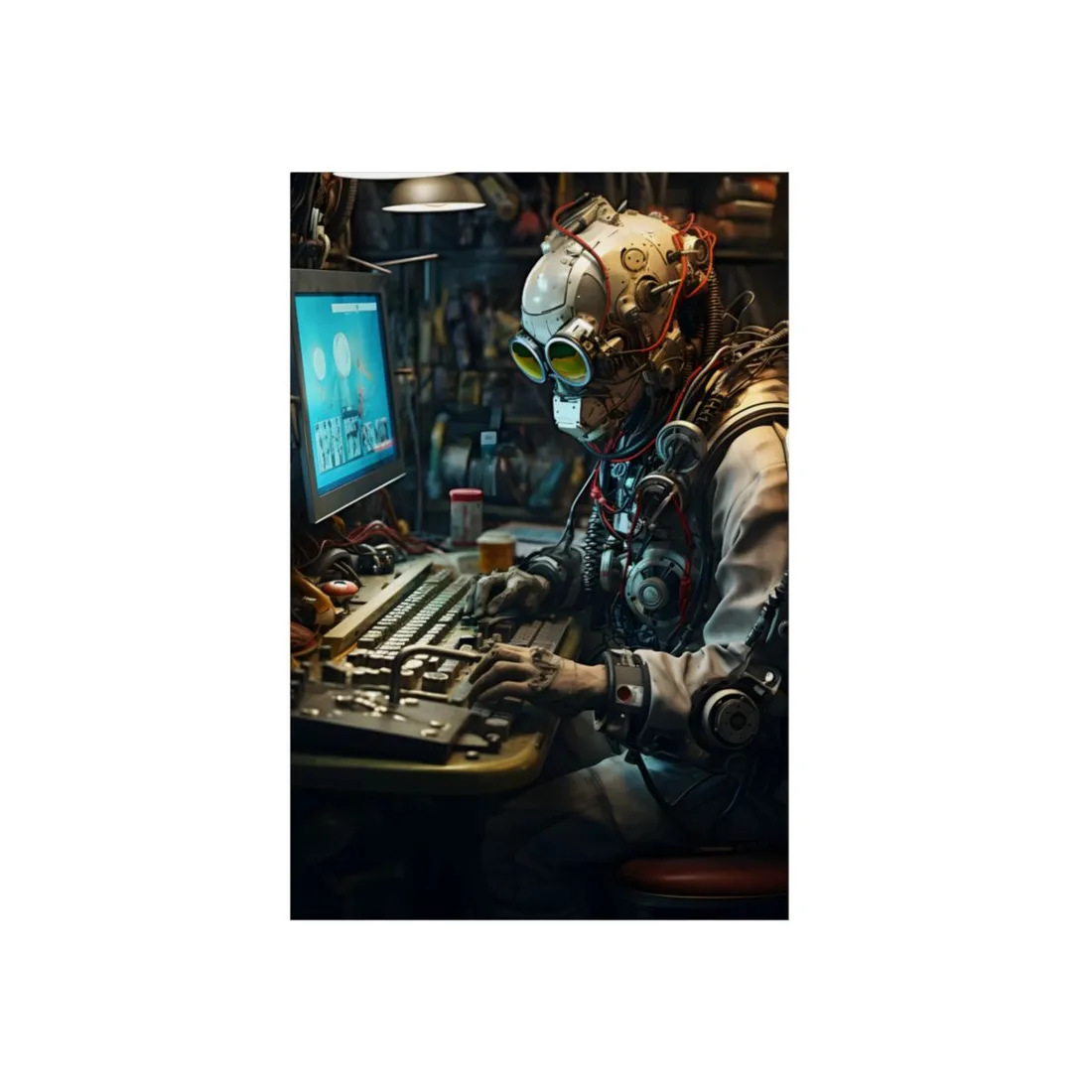 Masked Hacker at Retro Computer: Cyberpunk Portrait - Metal Poster