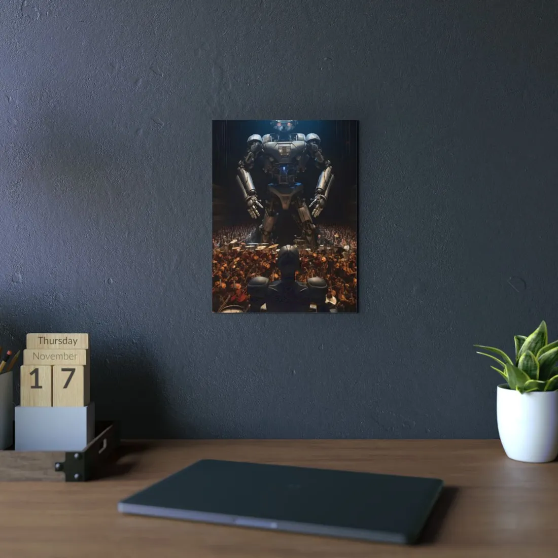 Mech Commander: Giant Robot Facing a Crowd - Metal Poster