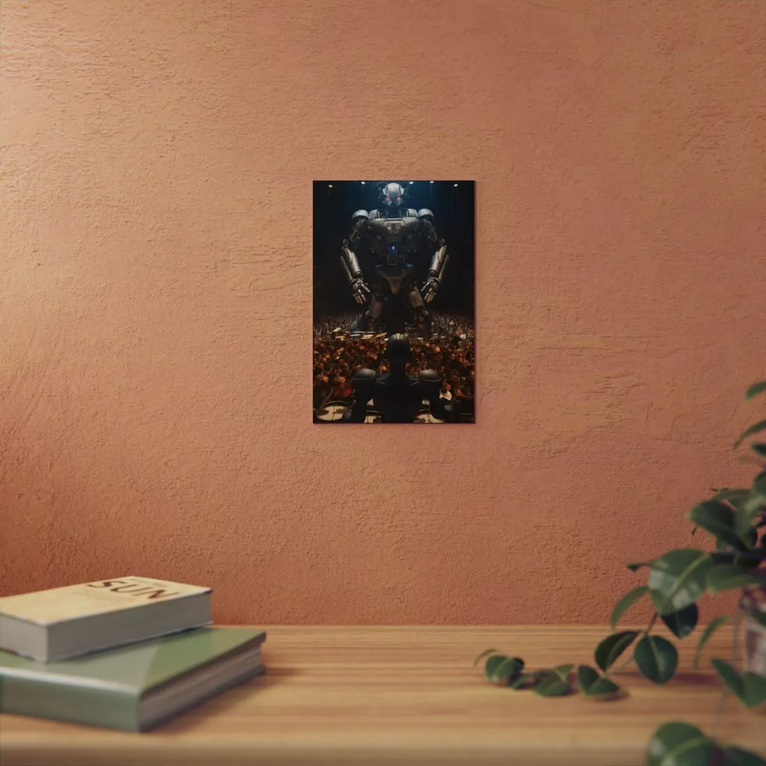 Mech Commander: Giant Robot Facing a Crowd - Metal Poster