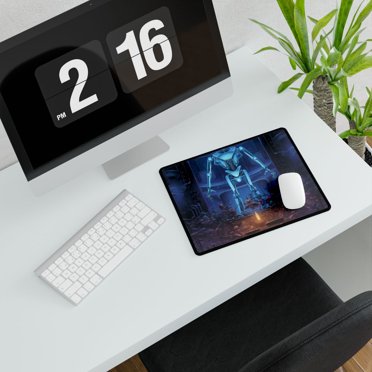 Mechanical Harmony: Black & Grey Robot Orchestra Symphony - Desk Mat