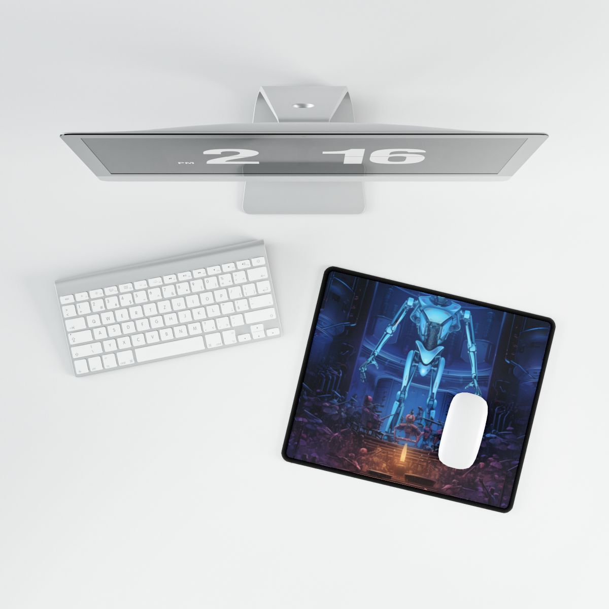 Mechanical Harmony: Black & Grey Robot Orchestra Symphony - Desk Mat