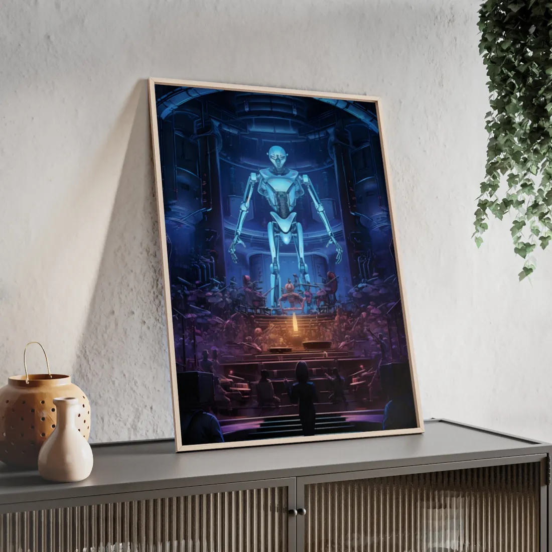 Mechanical Harmony: Black & Grey Robot Orchestra Symphony - Framed Poster