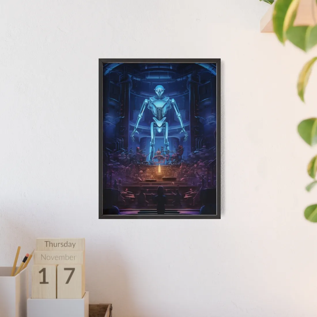 Mechanical Harmony: Black & Grey Robot Orchestra Symphony - Framed Poster