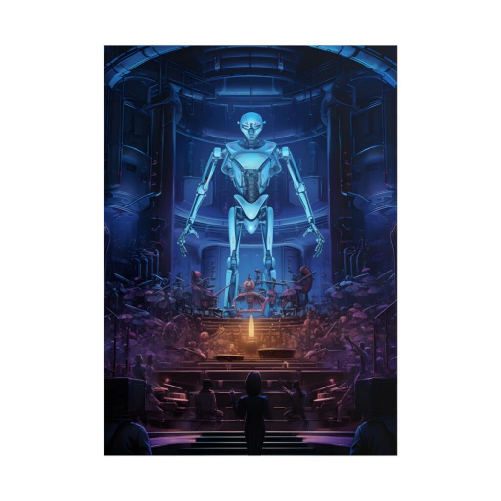 Mechanical Harmony: Black & Grey Robot Orchestra Symphony - Poster