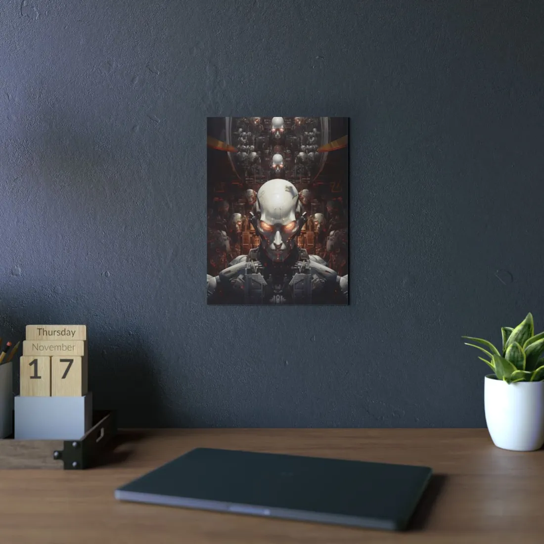 Mechanical Skull Collage: Layered Robotic Faces - Metal Poster