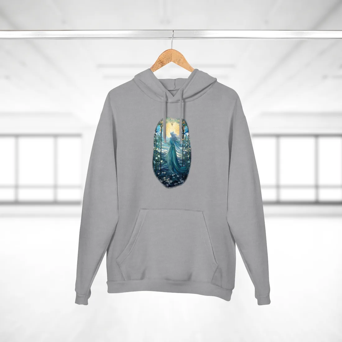 Woman with flowing silver hair, arms outstretched before a glowing sun in stained-glass window – Hoodie, heather grey