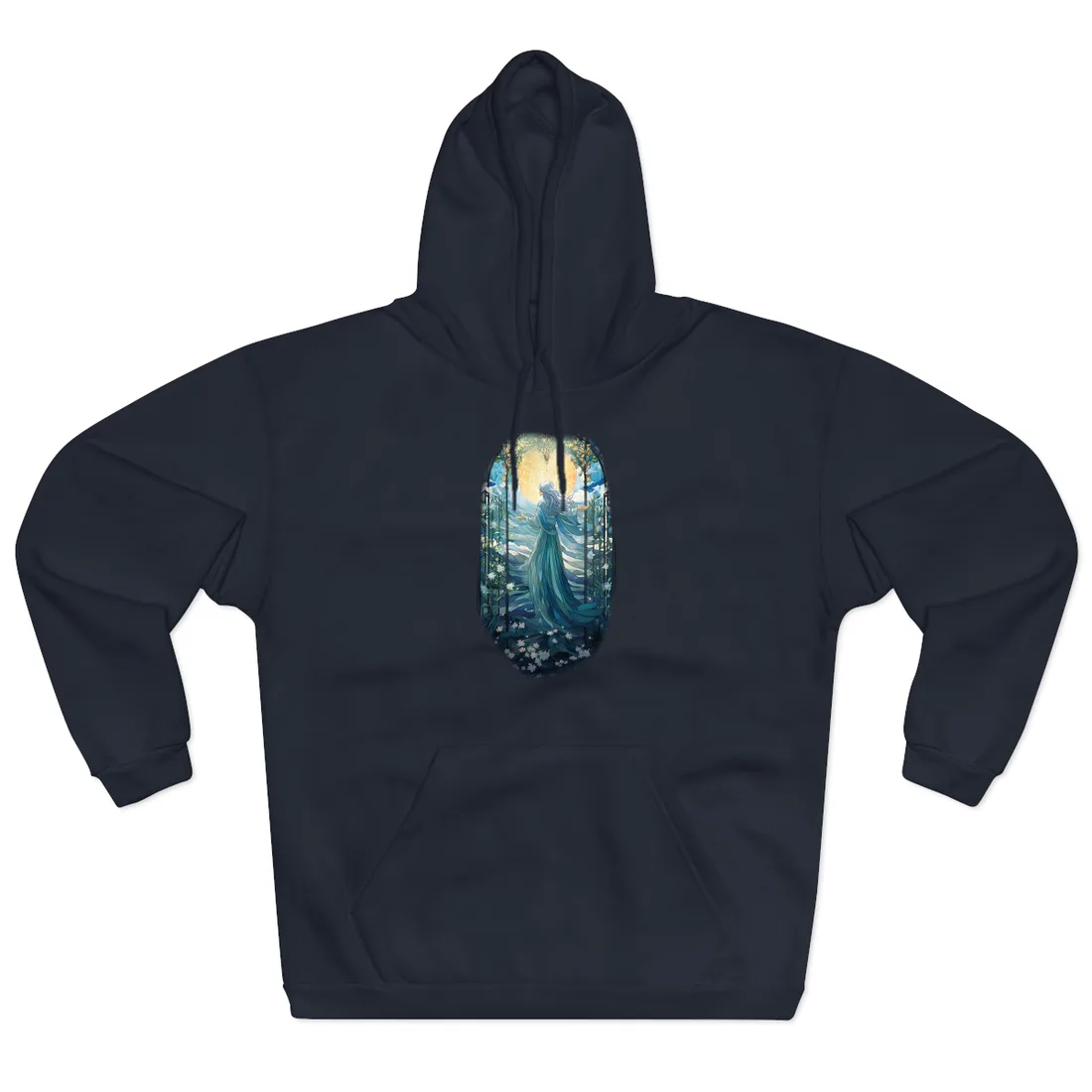 Woman with flowing silver hair, arms outstretched before a glowing sun in stained-glass window – Hoodie, navy
