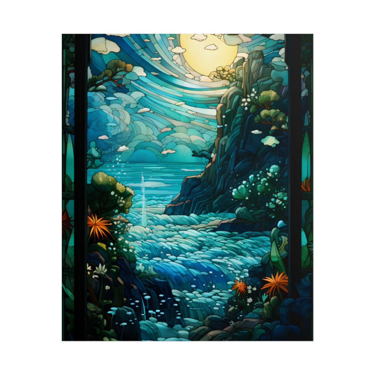 Medieval Stained Glass Church Art: Vibrant Religious Figures - Poster