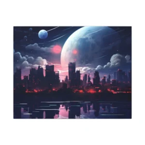 Night City Skyline with Moon Canvas Print