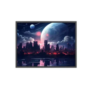 Night City Skyline with Moon Framed Poster