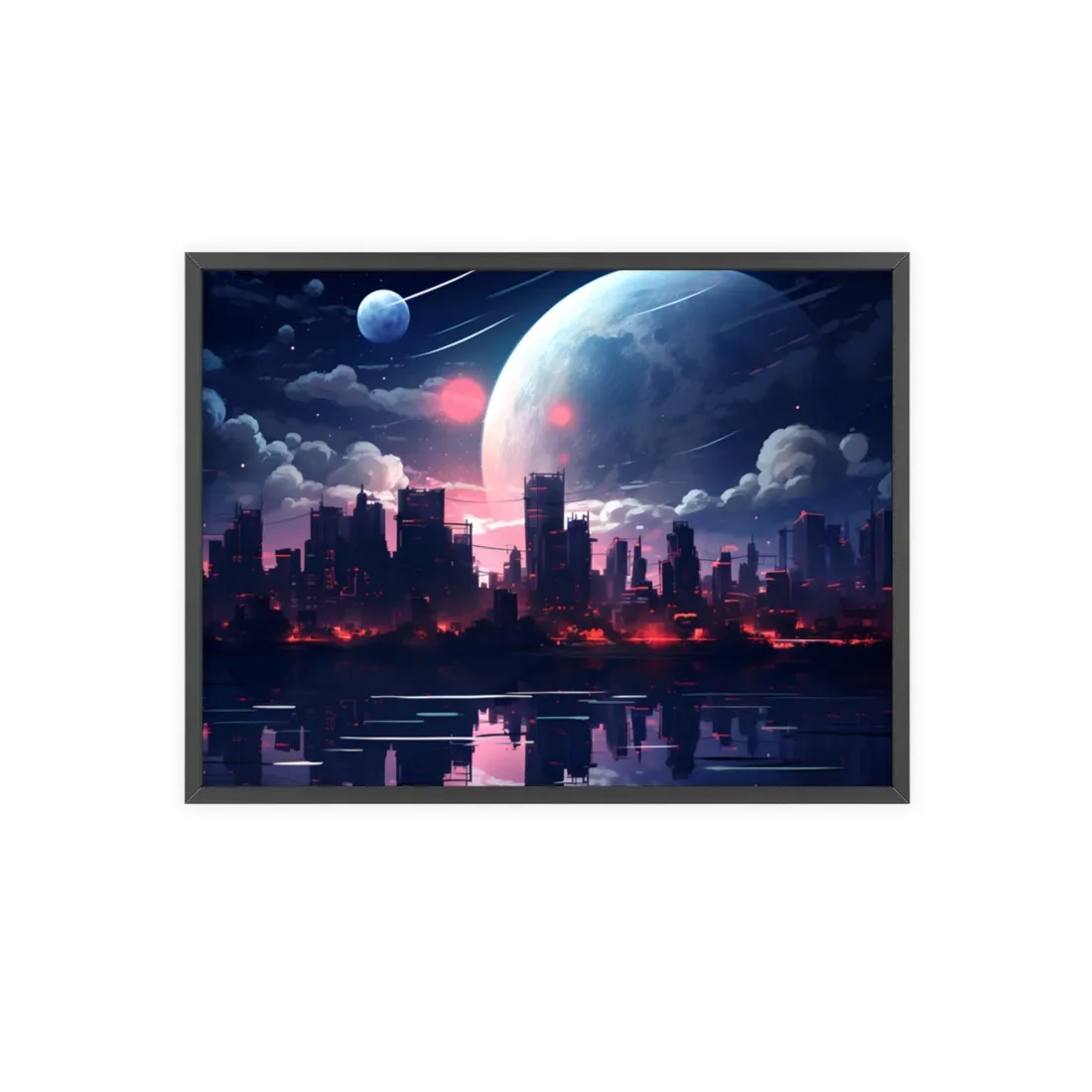 Melancholic Cyberpunk City: Nighttime Landscape Digital Art - Framed Poster