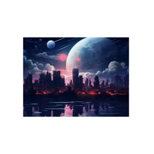 Night City Skyline with Moon Metal Poster
