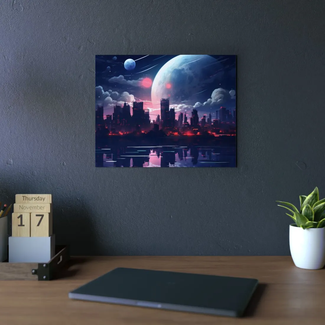 Futuristic city skyline under a large blue moon, reflected in still water – Metal Poster, view 2